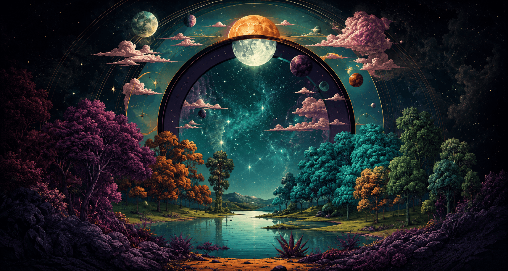 A celestial portal opening above a colourful forest and still lake